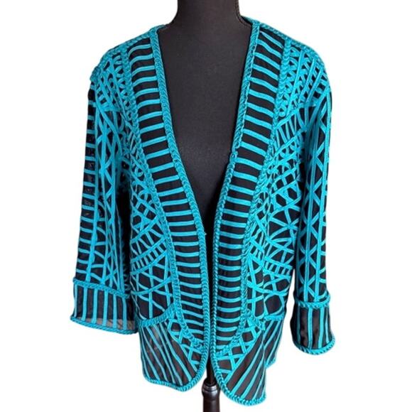 Chico’s Travelers Turquoise Embroidered Mesh Jacket Cardigan – Size 3 - Picture 2 of 5